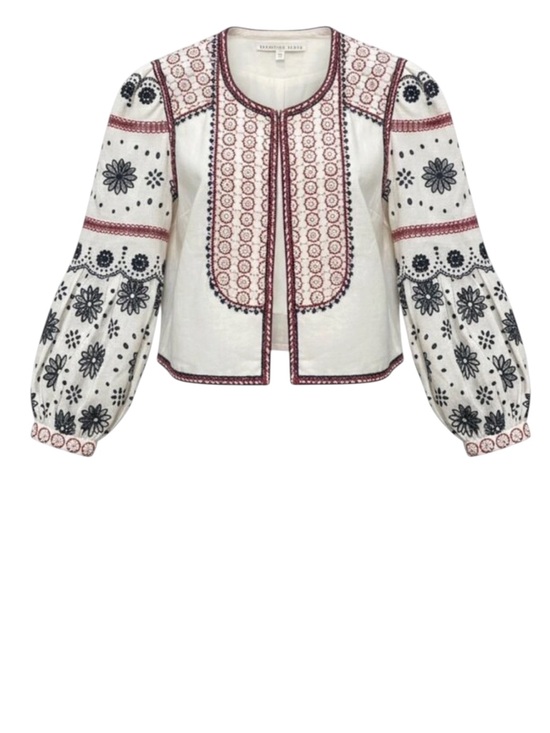 Veronica Beard Jackets & Blazers - Veronica Beard Shilin Linen Eyelet Embroidered Balloon Sleeve Cropped Jacket